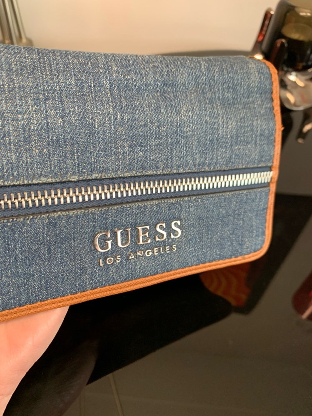 GUESS Denim Zip Wallet in Blue with Tan Trim